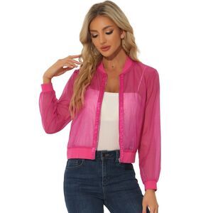 Bomber Jacket Zip Up See Through Lightweight Long Sleeve Sheer Mesh Hot Pink